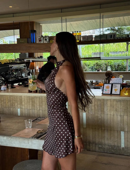 Satin Polka Dot Halter Neck Mini Dress