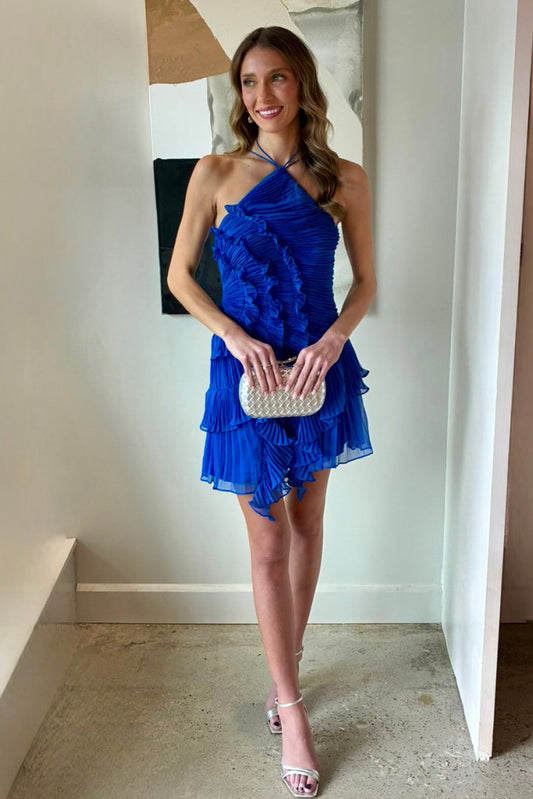 Pleated Halter Ruffle Tiered Mini Party Dress