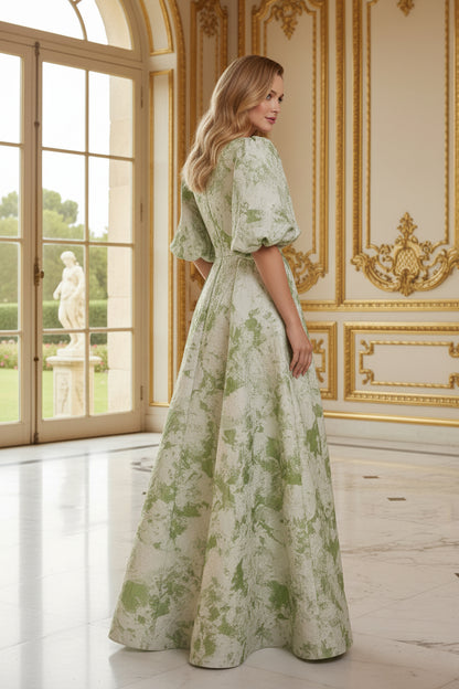 Puff Sleeve Pleated A-Line Maxi Dress