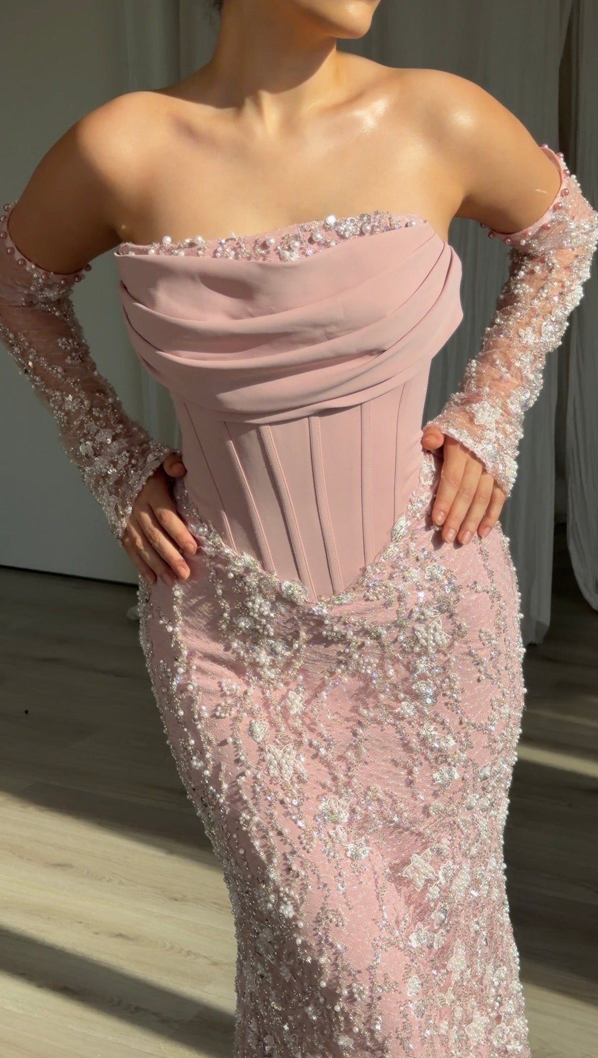 Corset Evening Gown with Beaded Sleeves