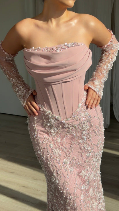 Corset Evening Gown with Beaded Sleeves