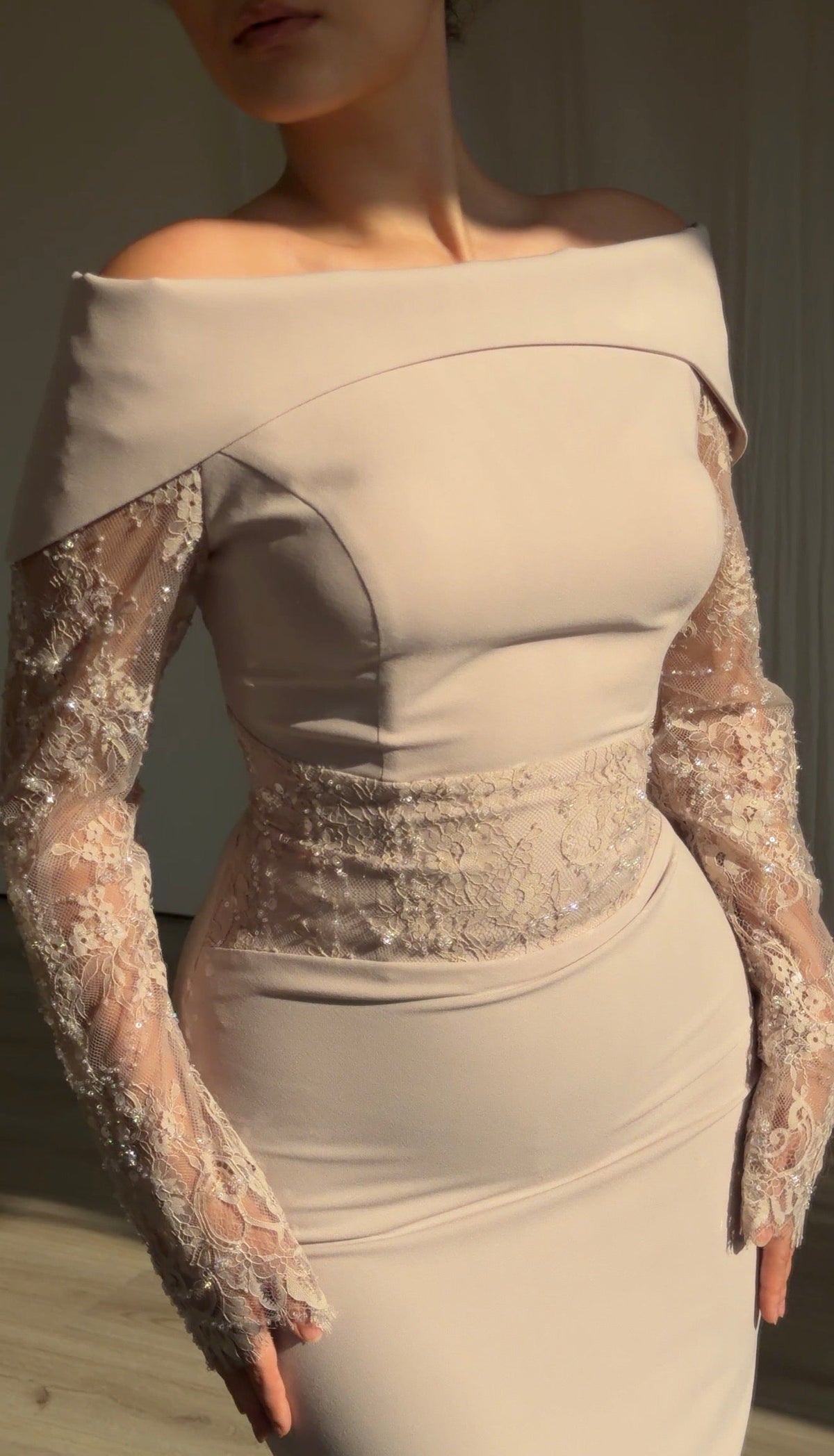 Off-Shoulder Mermaid Gown with Lace Sleeves