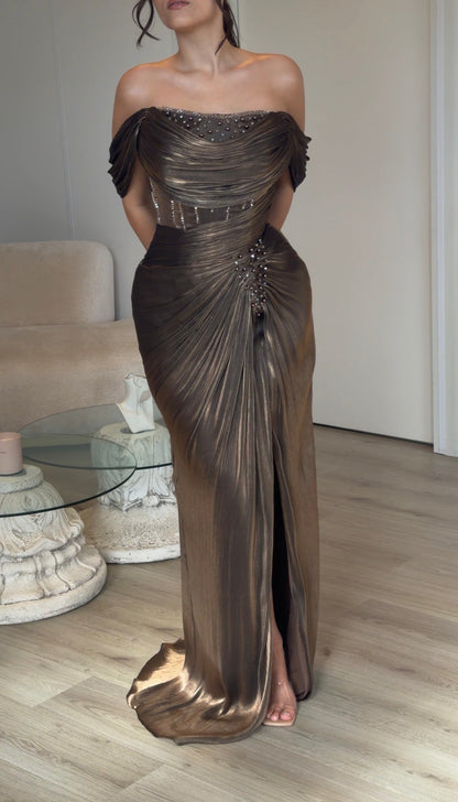 Draped Off-the-Shoulder Gown with Beading