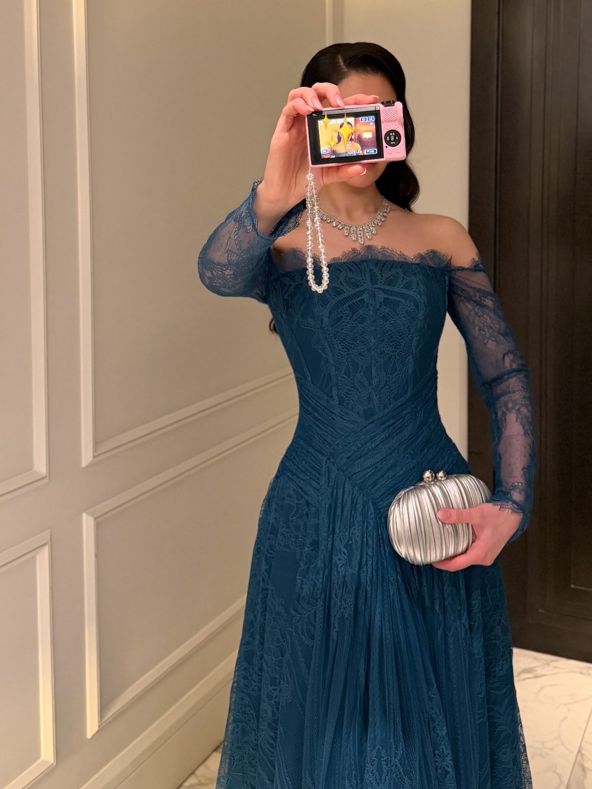 Off-Shoulder Lace Long Sleeve Evening Gown