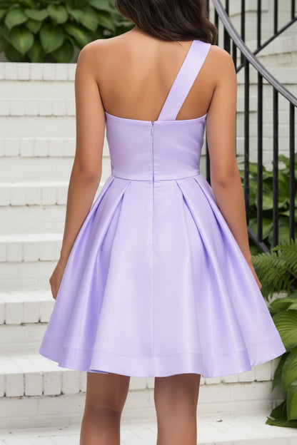 One-Shoulder Pleated Satin A-Line Homecoming Dress