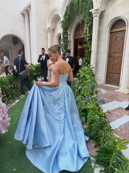Strapless Cherub Embroidered Ball Gown