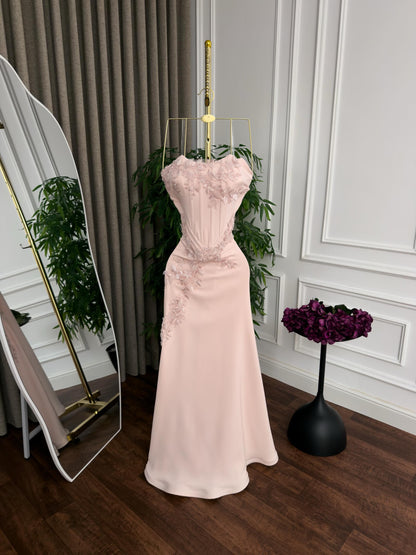 Strapless Corset Gown with Floral Appliques