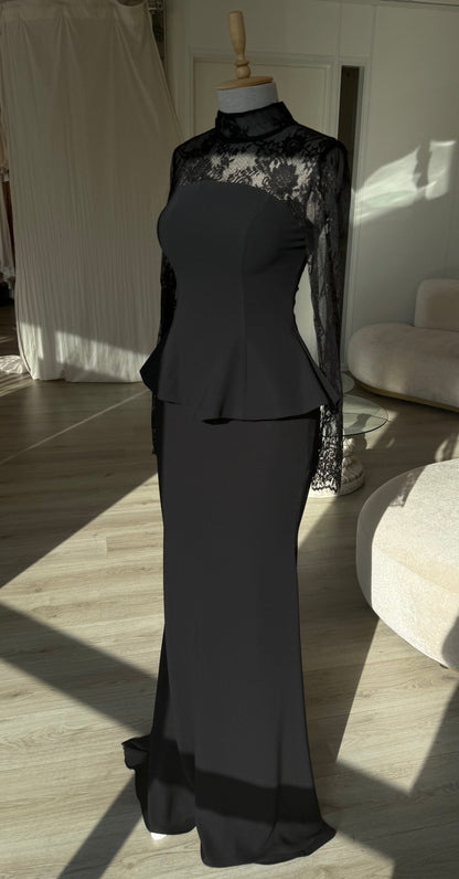 Lace Illusion High Neck Peplum Mermaid Gown