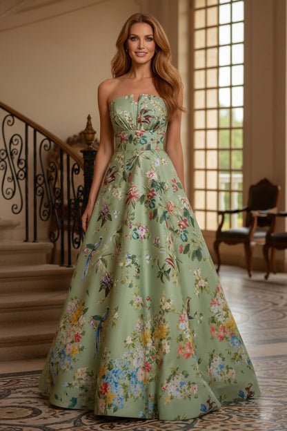 Floral Print Strapless A-Line Evening Gown