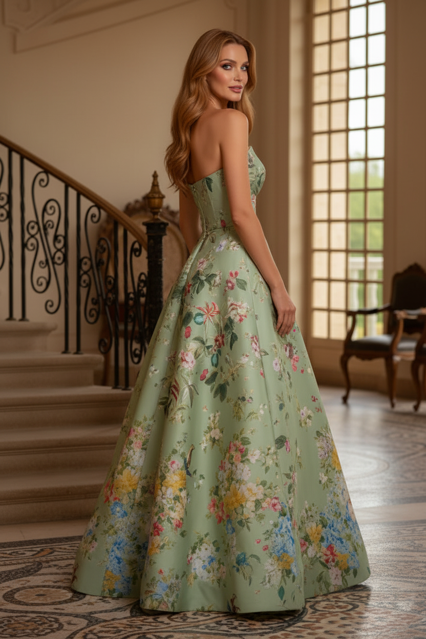 Floral Print Strapless A-Line Evening Gown