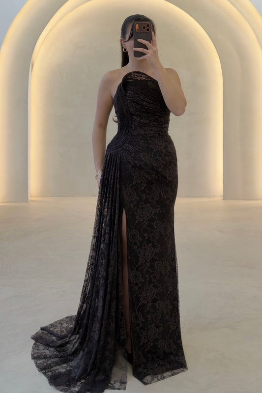 Strapless Lace Evening Gown with High Slit