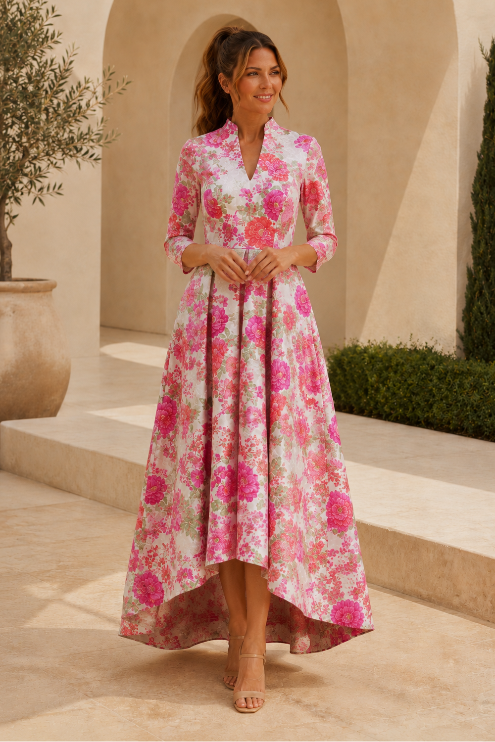 Floral Jacquard High-Low A-Line Dress with 3/4 Sleeves