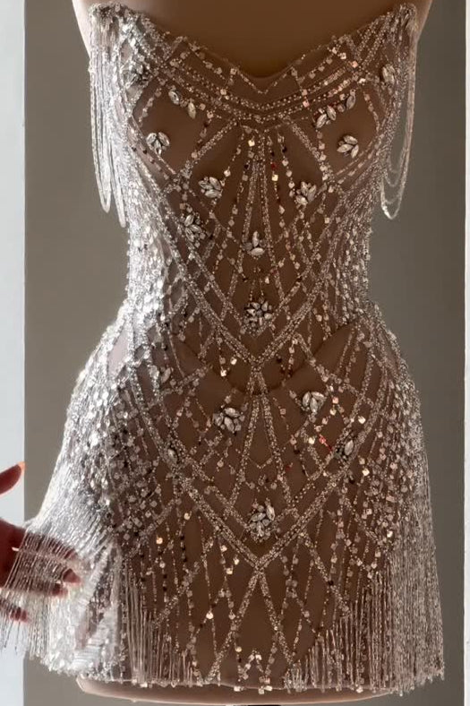Strapless Crystal Beaded Fringe Mini Cocktail Dress