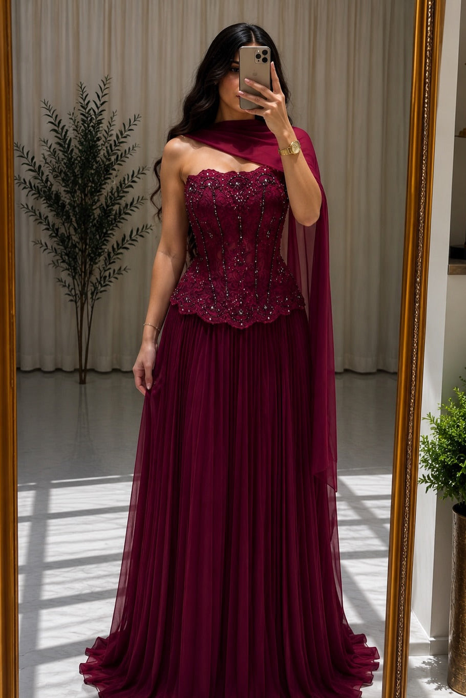 Strapless Beaded Corset Pleated Gown