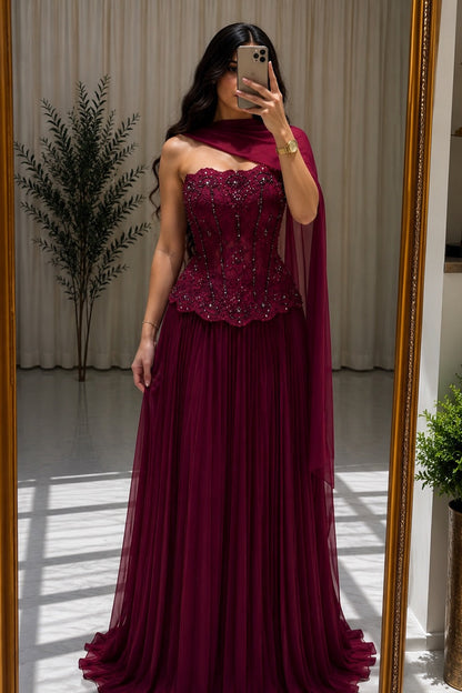 Strapless Beaded Corset Pleated Gown