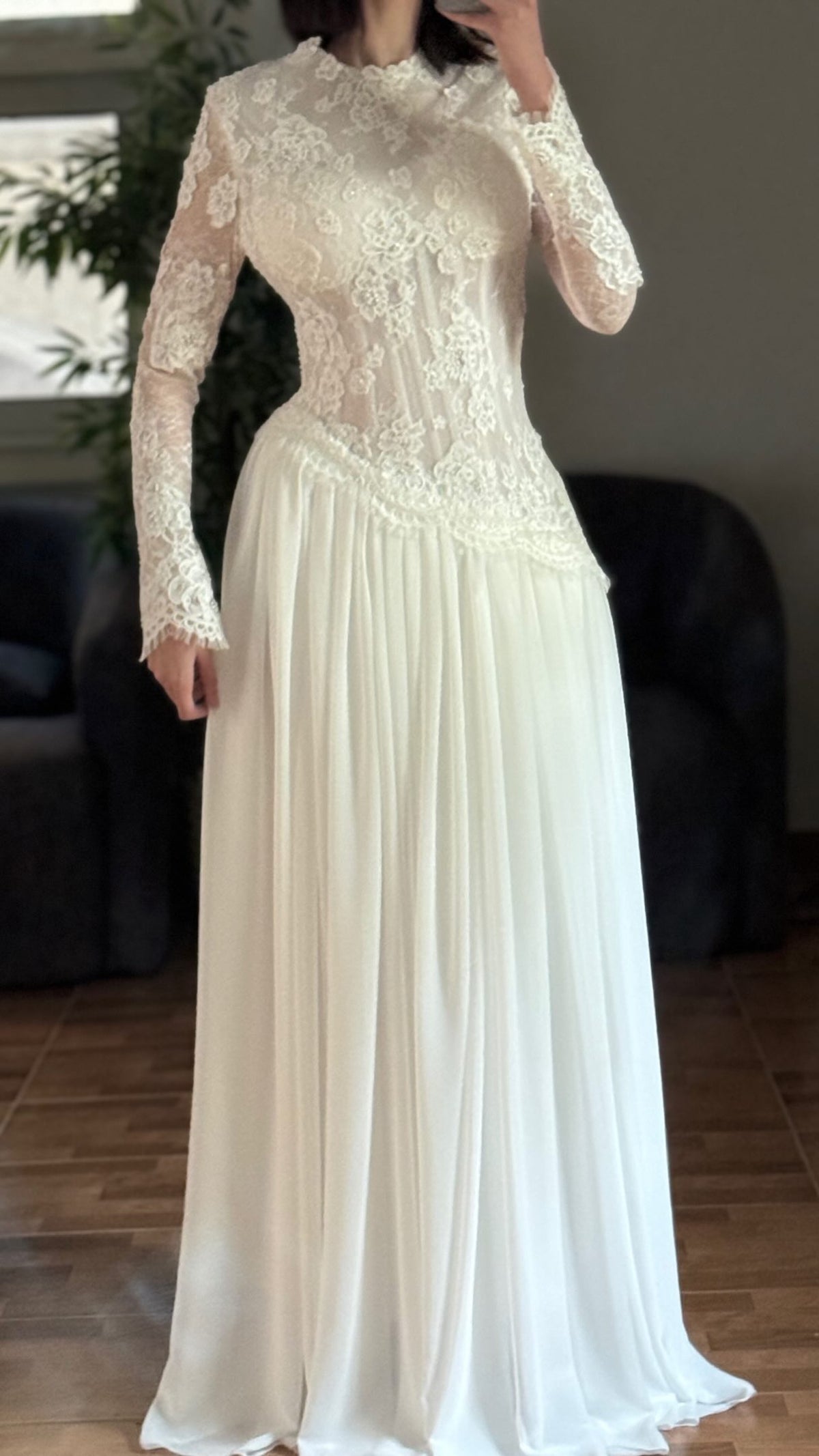 High Neck Lace Long Sleeve Asymmetrical Wedding Dress