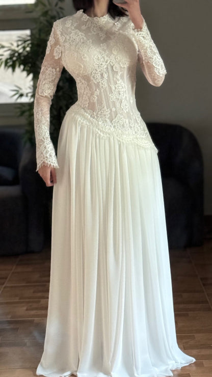 High Neck Lace Long Sleeve Asymmetrical Wedding Dress