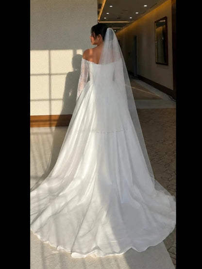 Off-the-Shoulder Lace Sleeve A-Line Bridal Gown