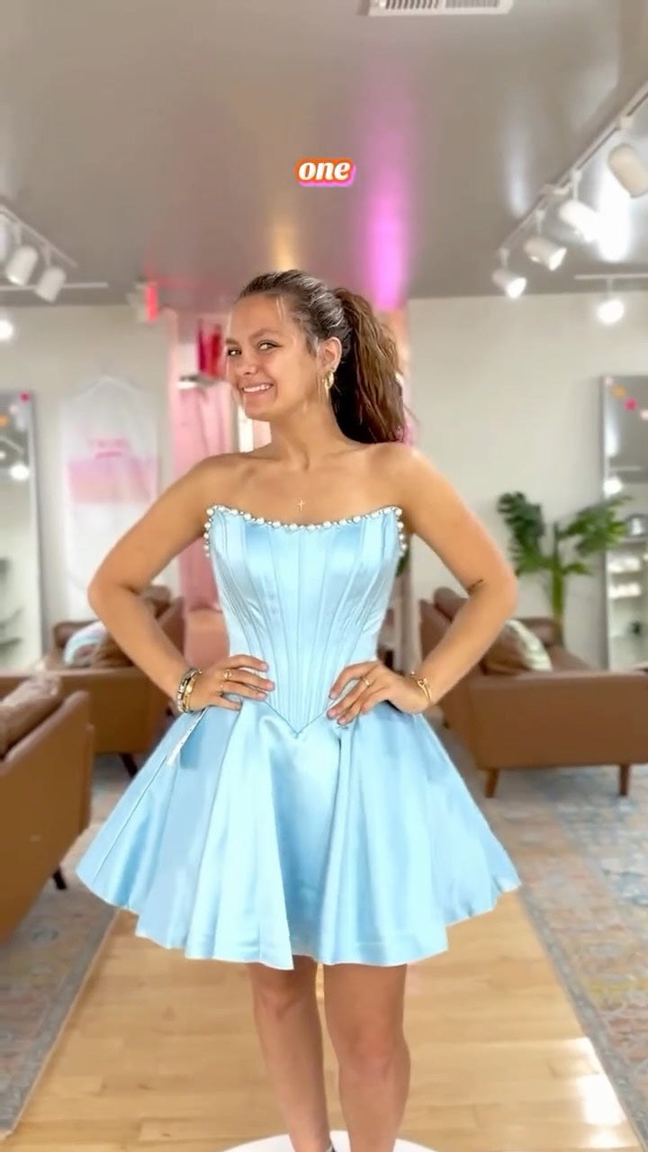 Strapless Corset Satin Mini Dress with Pearl Trim