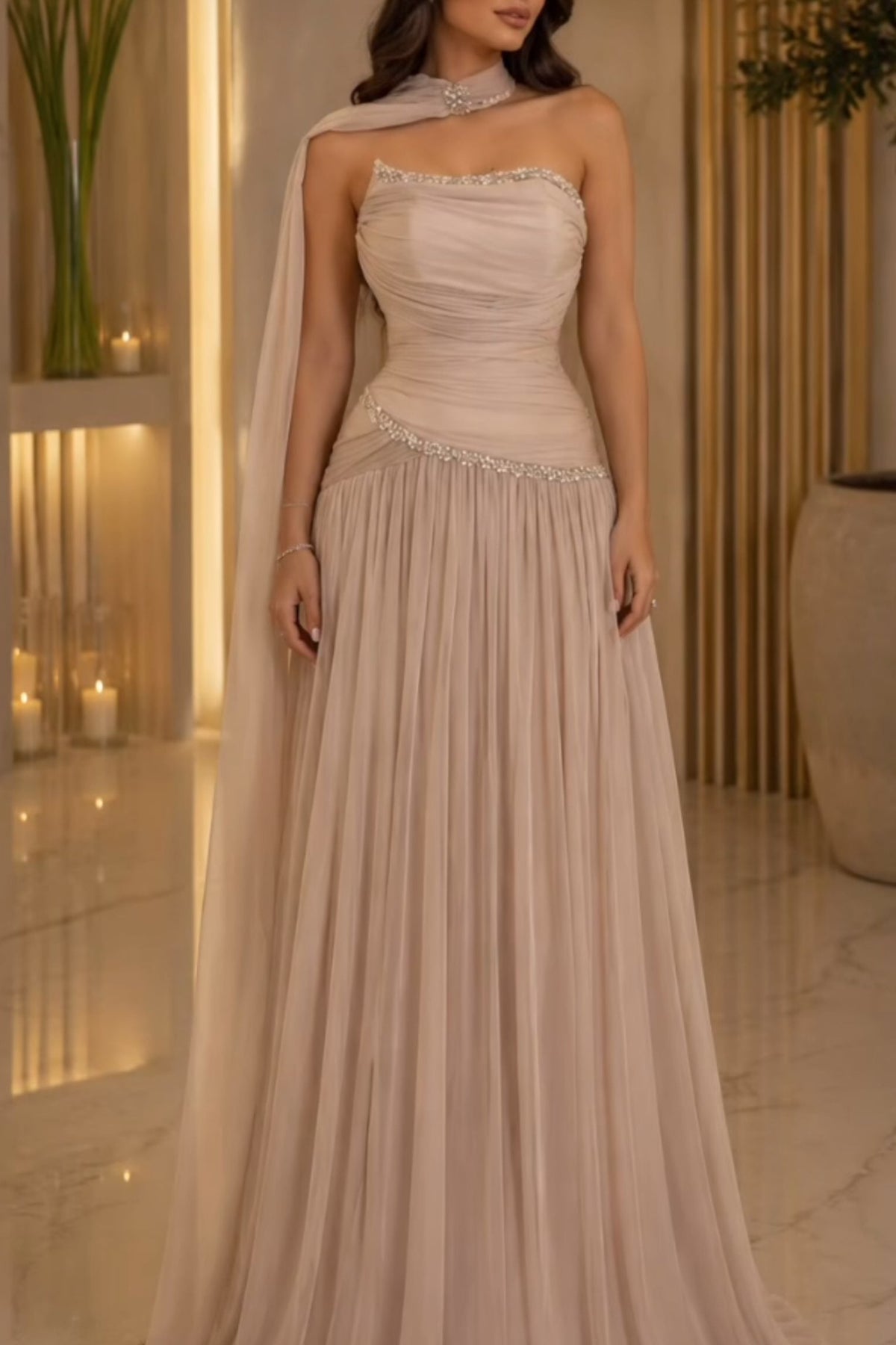Ruched Strapless A-Line Gown with Choker Cape