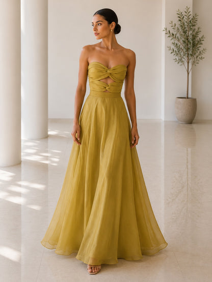 Strapless Twist-Front Cut-Out A-Line Evening Gown