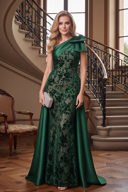 One-Shoulder Floral Applique Gown with Overskirt