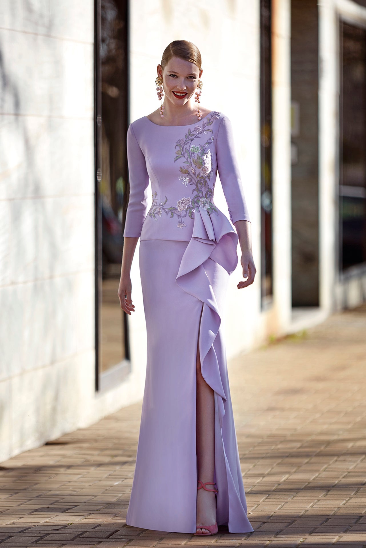 Floral Embroidered Column Gown with Ruffles