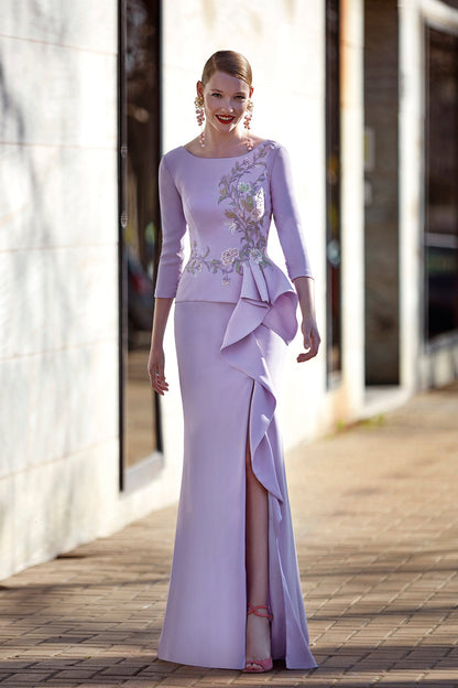 Floral Embroidered Column Gown with Ruffles