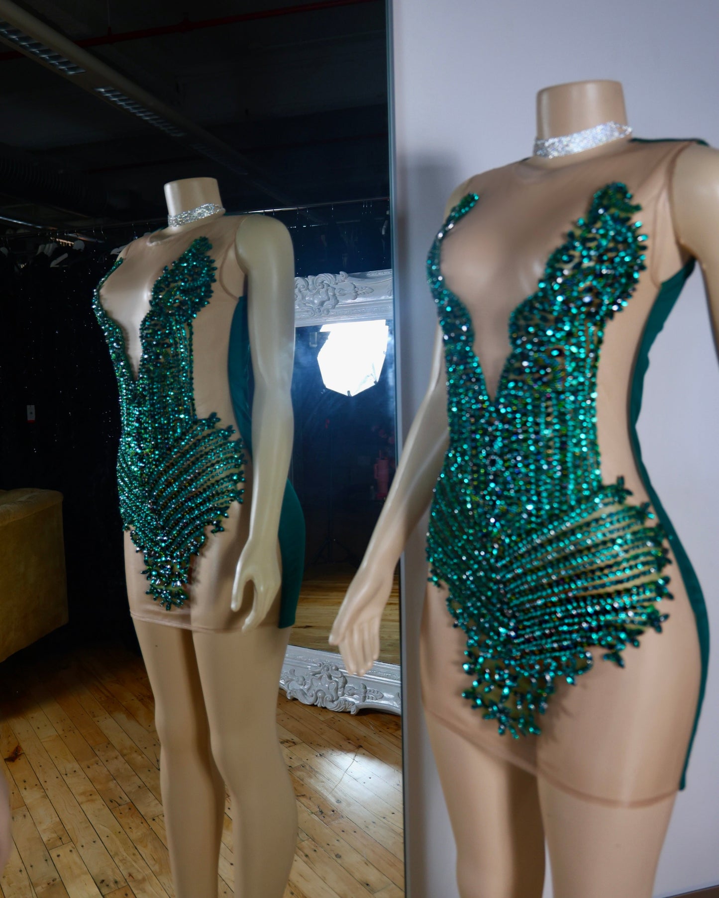 Plunging Illusion Beaded Bodycon Mini Dress