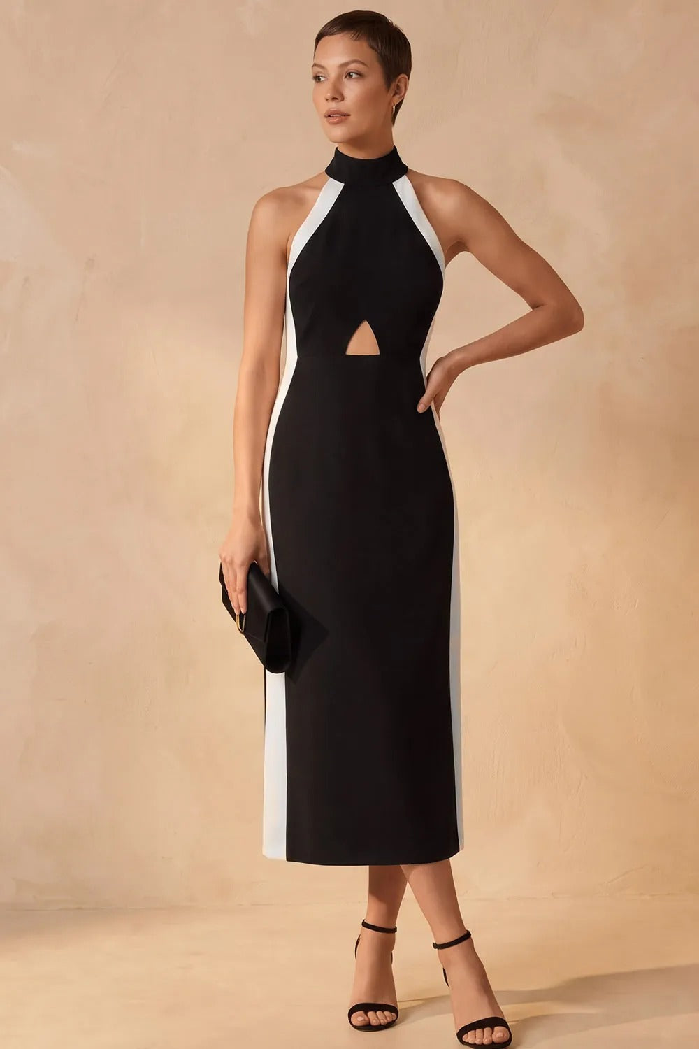 High-Neck Halter Midi Dress with Cutout