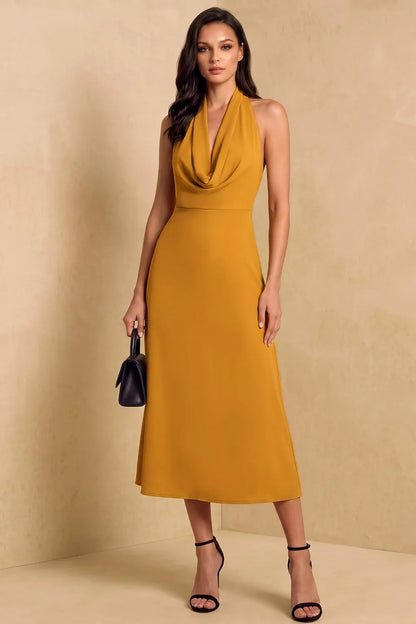 Halter Cowl Neck Open Back A-Line Midi Dress