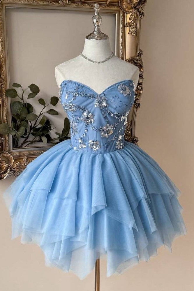 Strapless Sweetheart Beaded Tulle Homecoming Dress