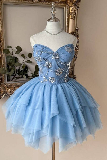 Strapless Sweetheart Beaded Tulle Homecoming Dress