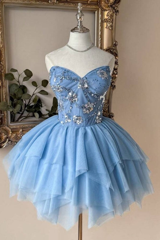 Strapless Sweetheart Beaded Tulle Homecoming Dress