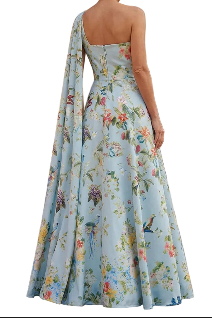 One-Shoulder Floral Print A-Line Gown with Cape Drape