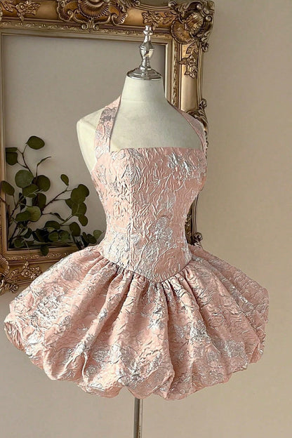 Metallic Jacquard Halter Mini Dress with Bubble Skirt