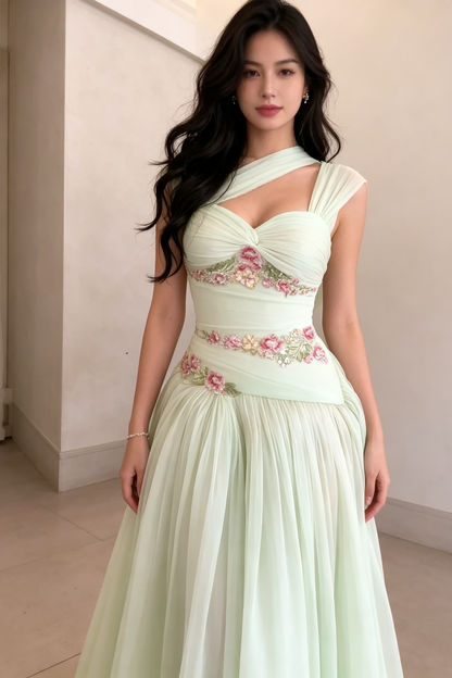 Floral Embroidered Cutout Gown with Pleated Skirt