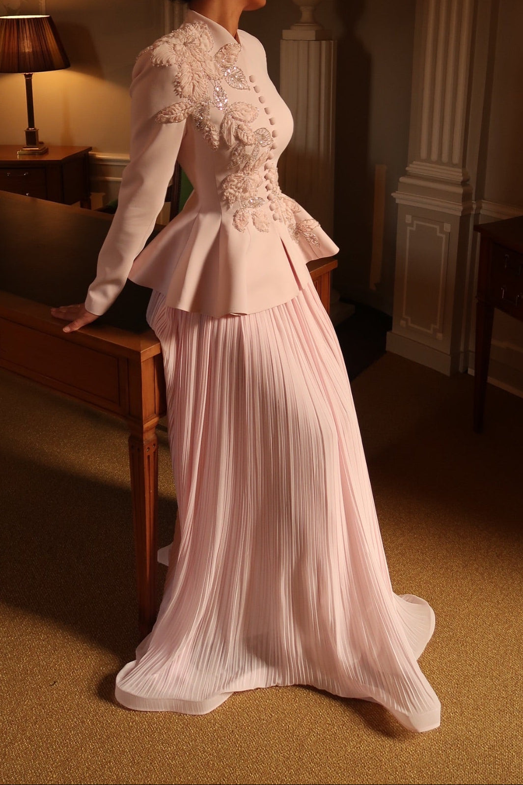 Embellished Peplum Top and Pleated Maxi Skirt Set