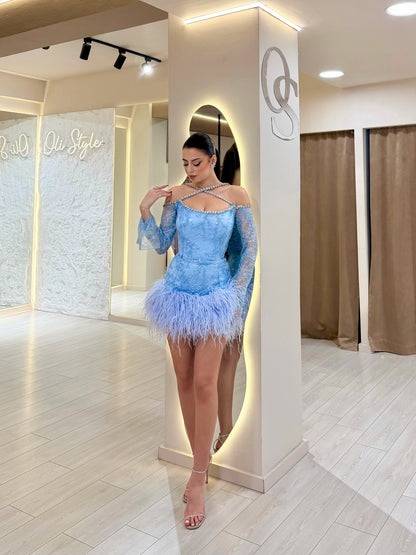 Crisscross Lace Mini Dress with Feather Hem