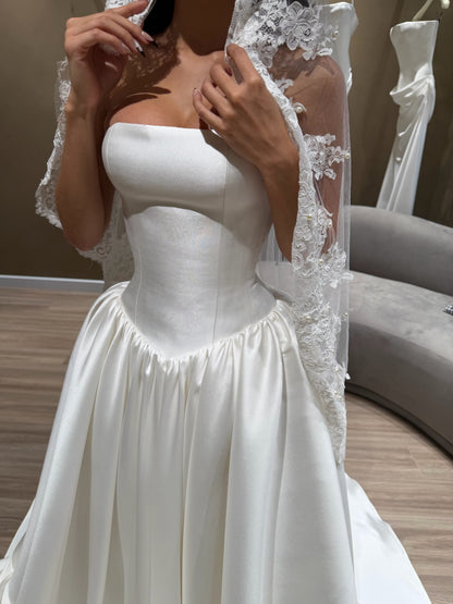 Strapless Satin Ball Gown with Lace Veil