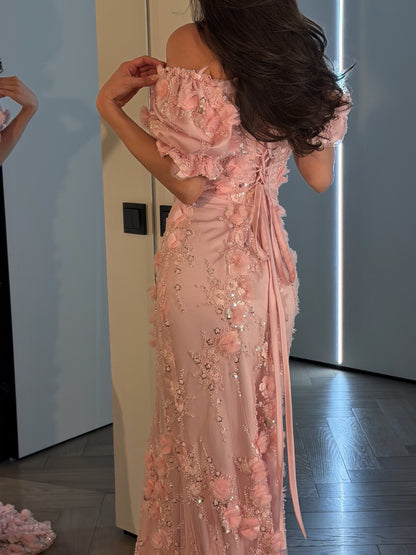 3D Floral Sequin Gown with Puff Sleeves