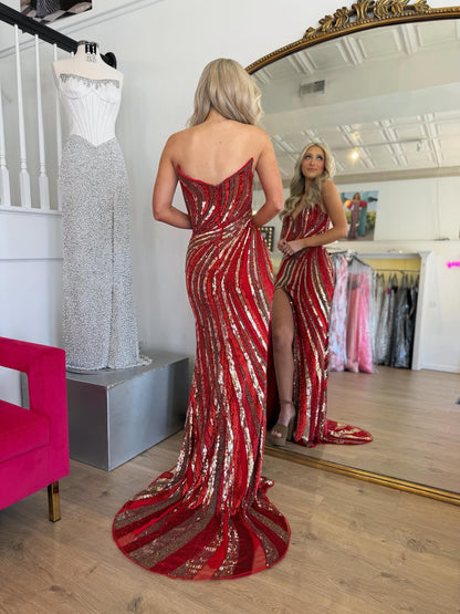 Strapless Sequin Mermaid Gown with High Slit