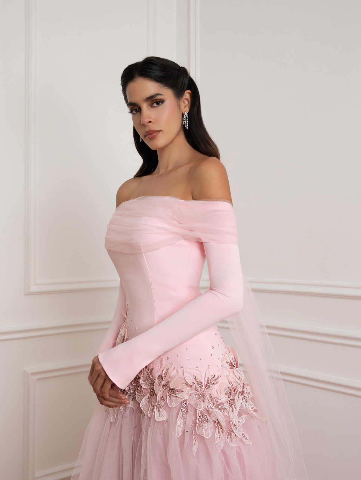Off-the-Shoulder Long Sleeve Floral Tulle Gown