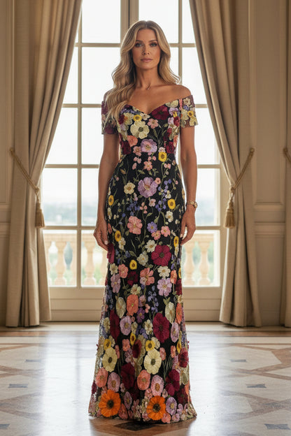 Off-the-Shoulder Floral Embroidered Evening Gown
