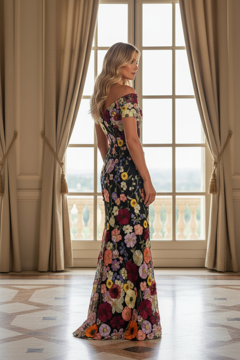 Off-the-Shoulder Floral Embroidered Evening Gown