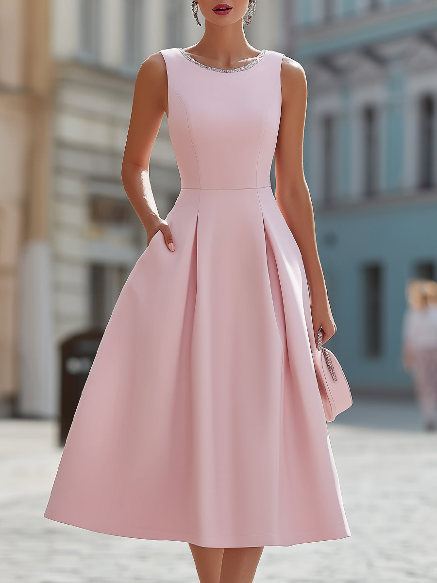 Rhinestone Neckline Pleated Midi Dress with Pockets