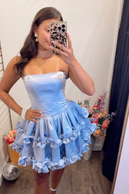 Strapless Satin Tiered Ruffle Mini Party Dress