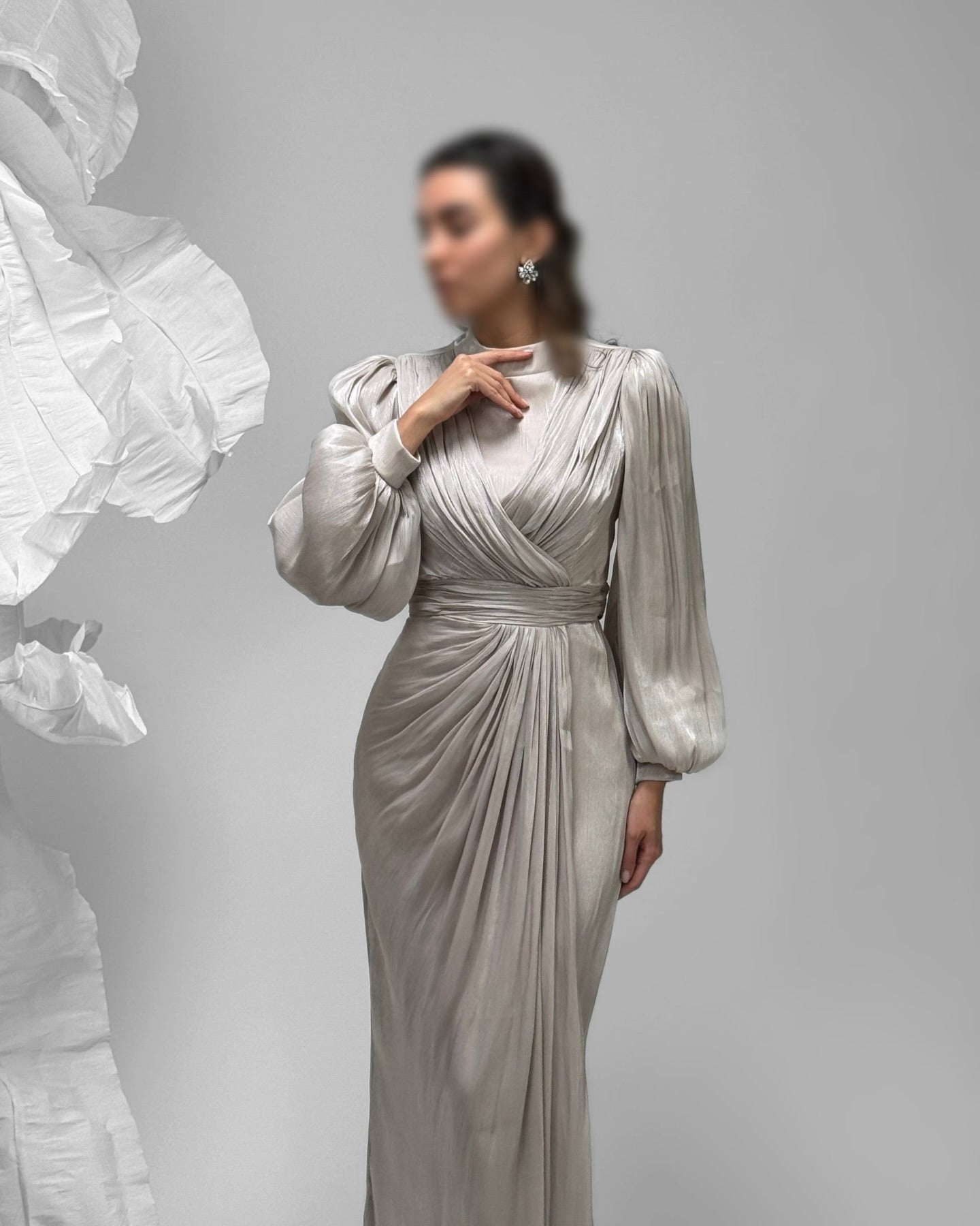 Elegant High-Neck Draped Evening Gown with Balloon Sleeves