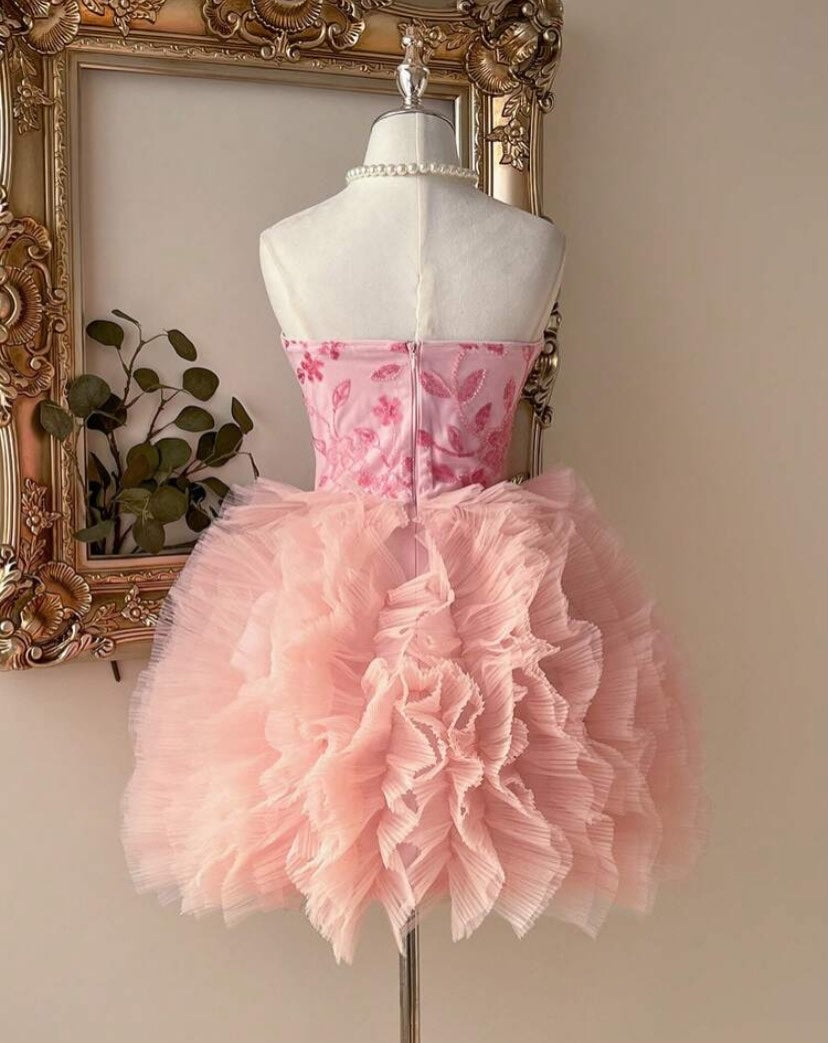 Strapless Embroidered Mini Dress with Ruffled Skirt