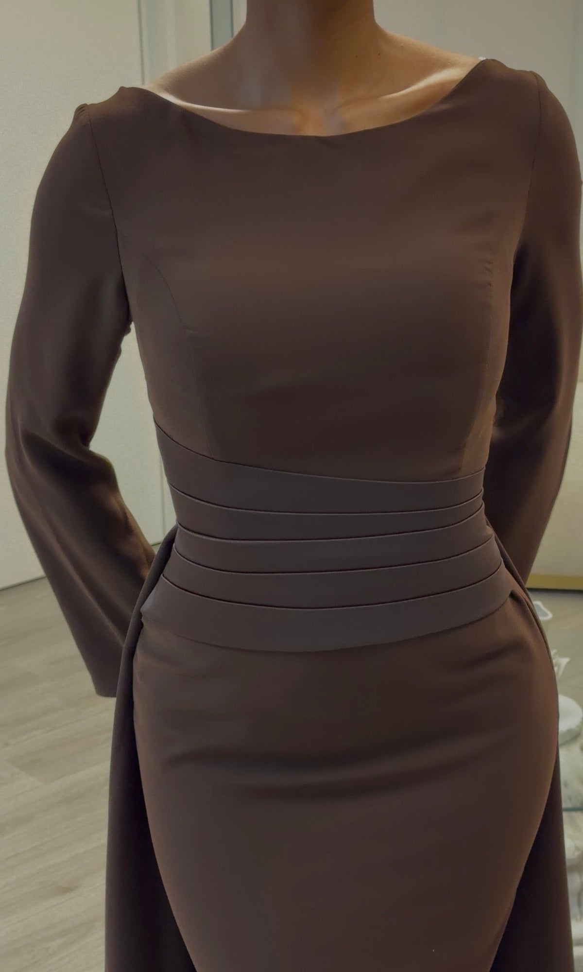 Long Sleeve Column Gown with Pleated Waistband